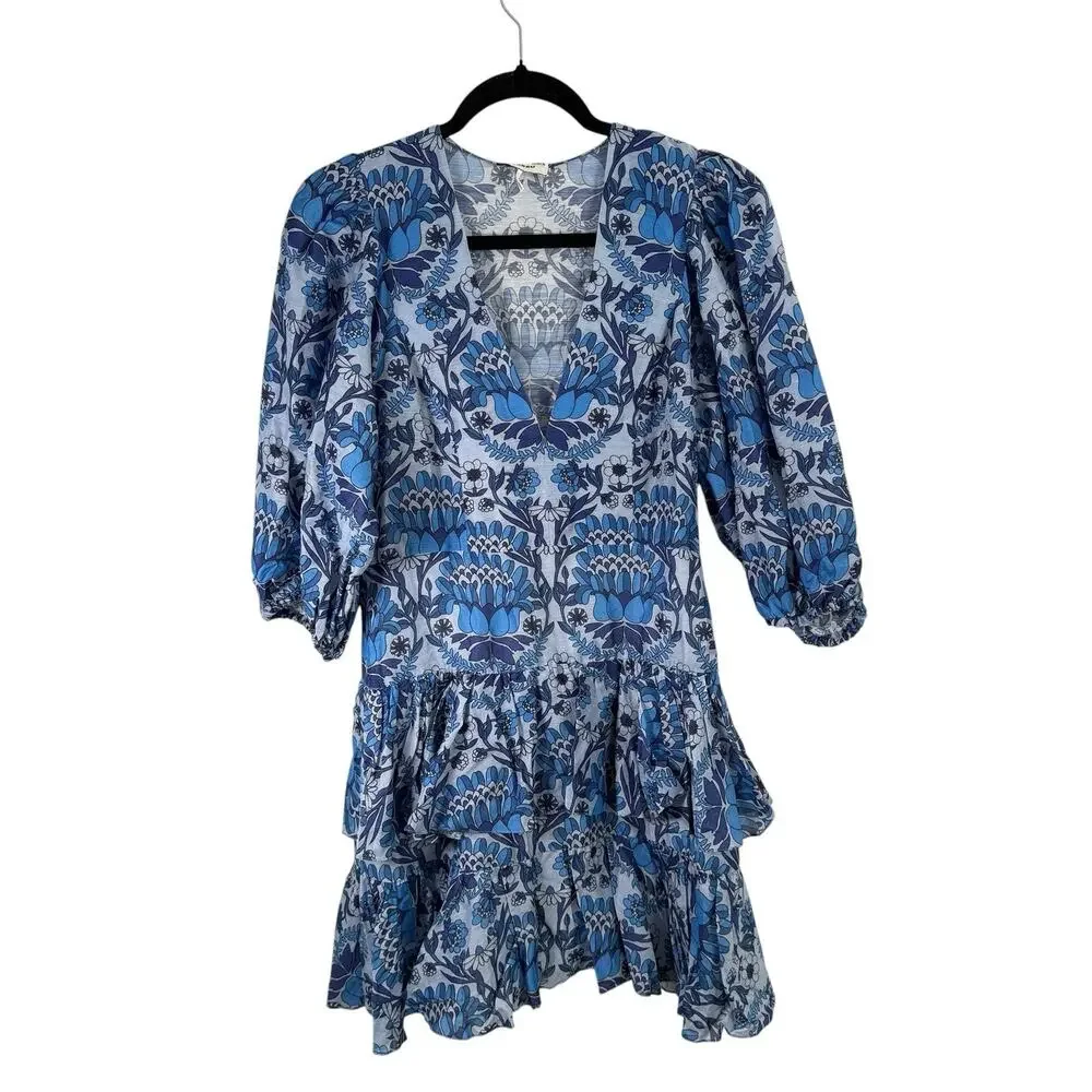 Sandro Yana Blue Floral Mini Dress V-Neck Puff Sleeve Linen READ Womens 40 US 8 - Picture 2 of 9